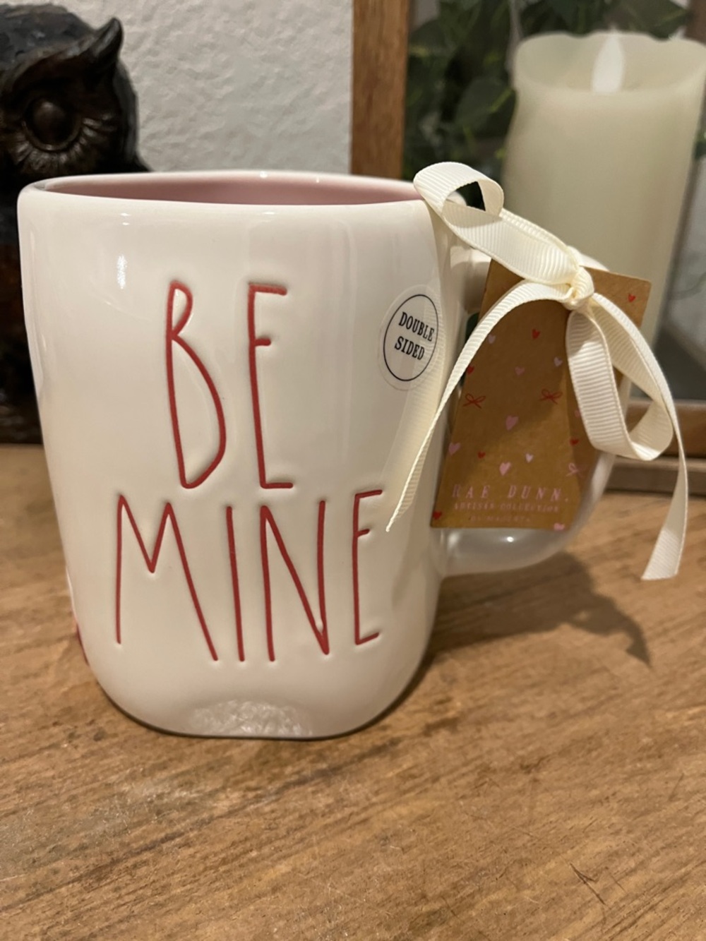 Rae Dunn White Ceramic Mug w/ Red Font Double sided Heart, Pink Interior